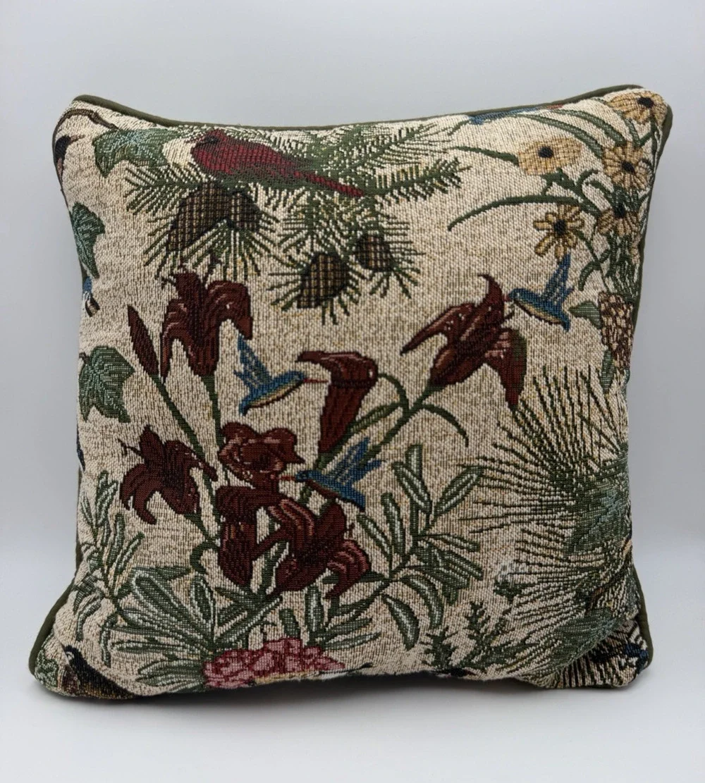 Vintage Tapestry Throw Pillow 12x12 Hummingbird Floral Botanical Pattern Cottage